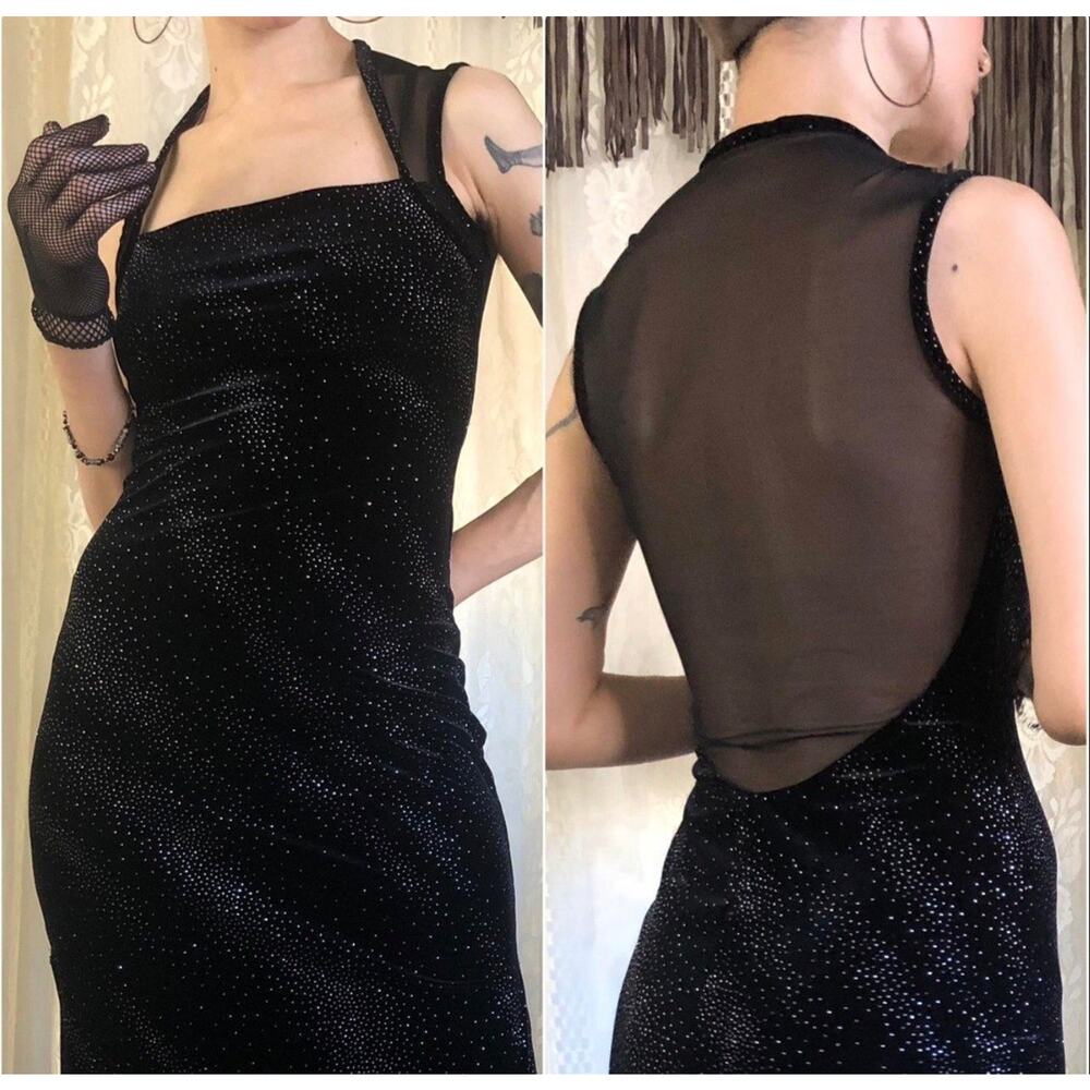 Vintage 90s 80s Gothic Sparkle Side Slit Open Back Sexy Cocktail Dress Sz Small